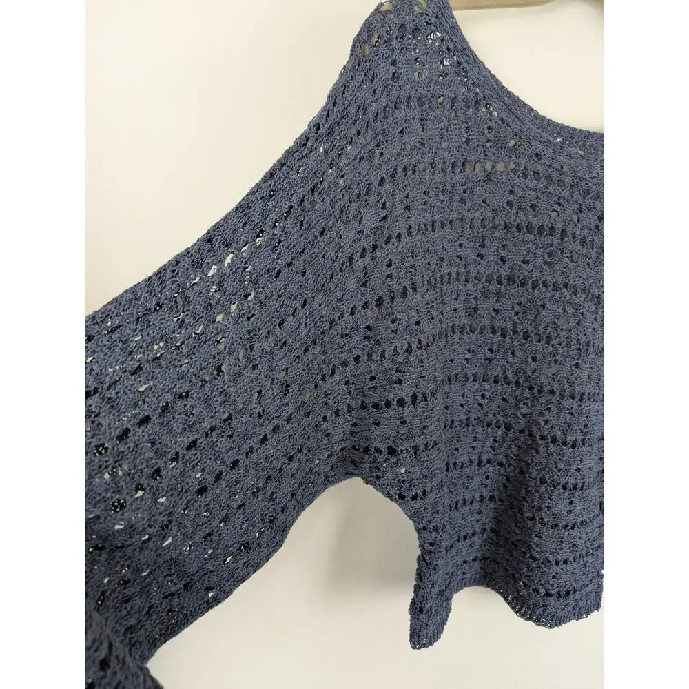 ZARA Open Knit Cropped Batwing Sweater Slate Blue Boho Size S Dolman Sleeve boho